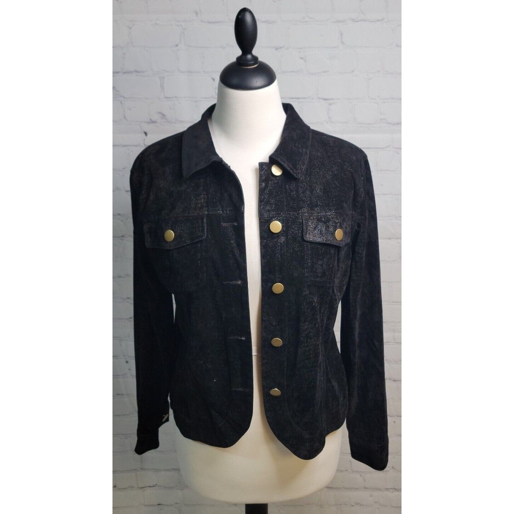BAMBOO TRADERS Black Corduroy Jacket Women's Size PM with snake skin background